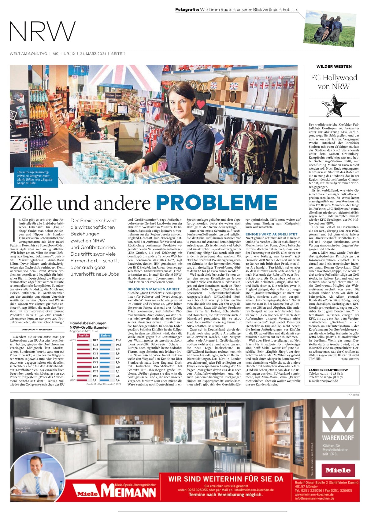 Newspaper article about John Crocket in Welt am Sonntag (NRW, 21 March 2021): “Zölle und andere Probleme” (“Tariffs and other problems”) – John Crocket