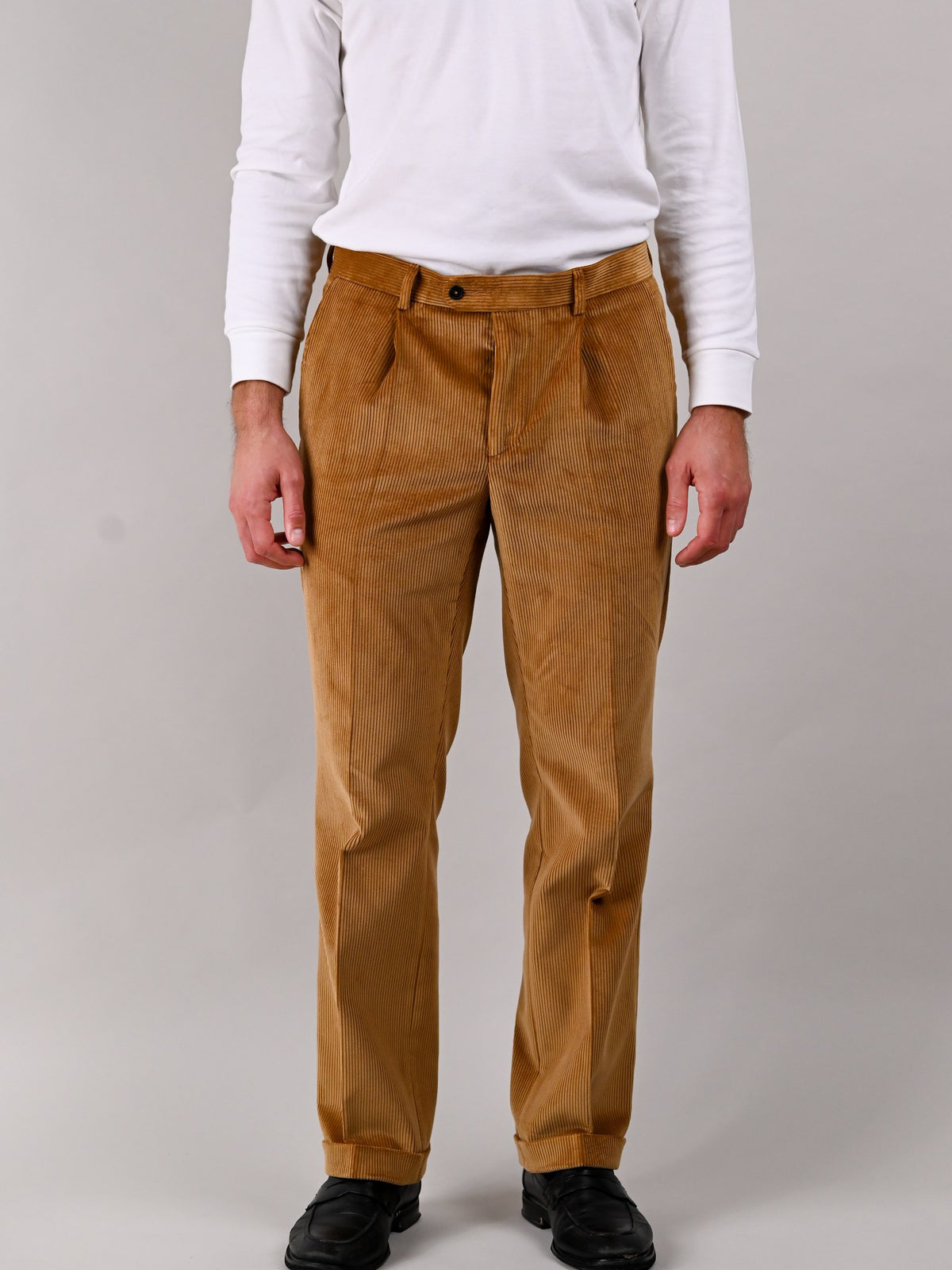 Brisbane Moss corduroy trousers in Fawn, sandy brown cotton, front view — John Crocket