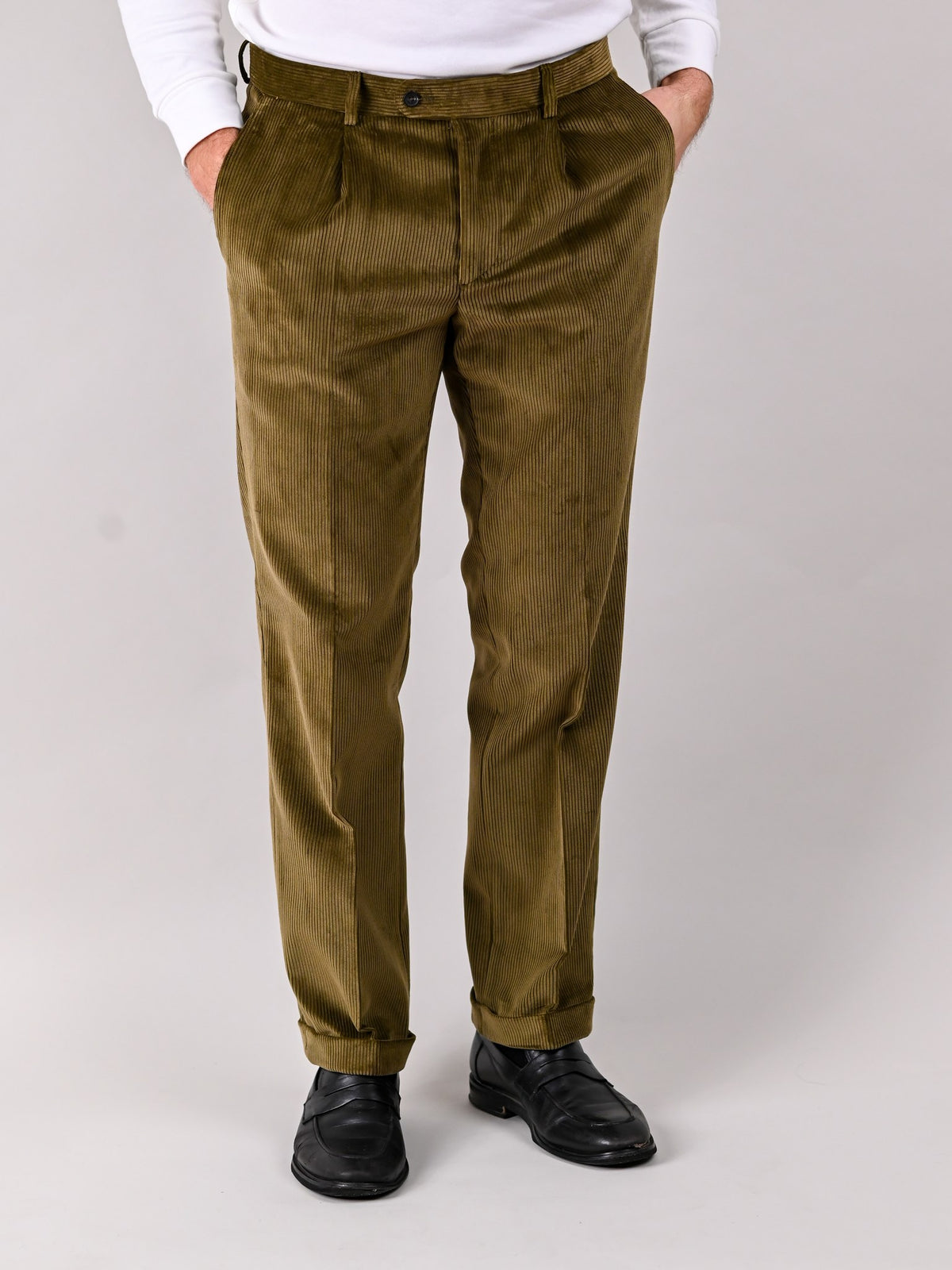 Brisbane Moss corduroy trousers in Drab, khaki cotton, front view — John Crocket