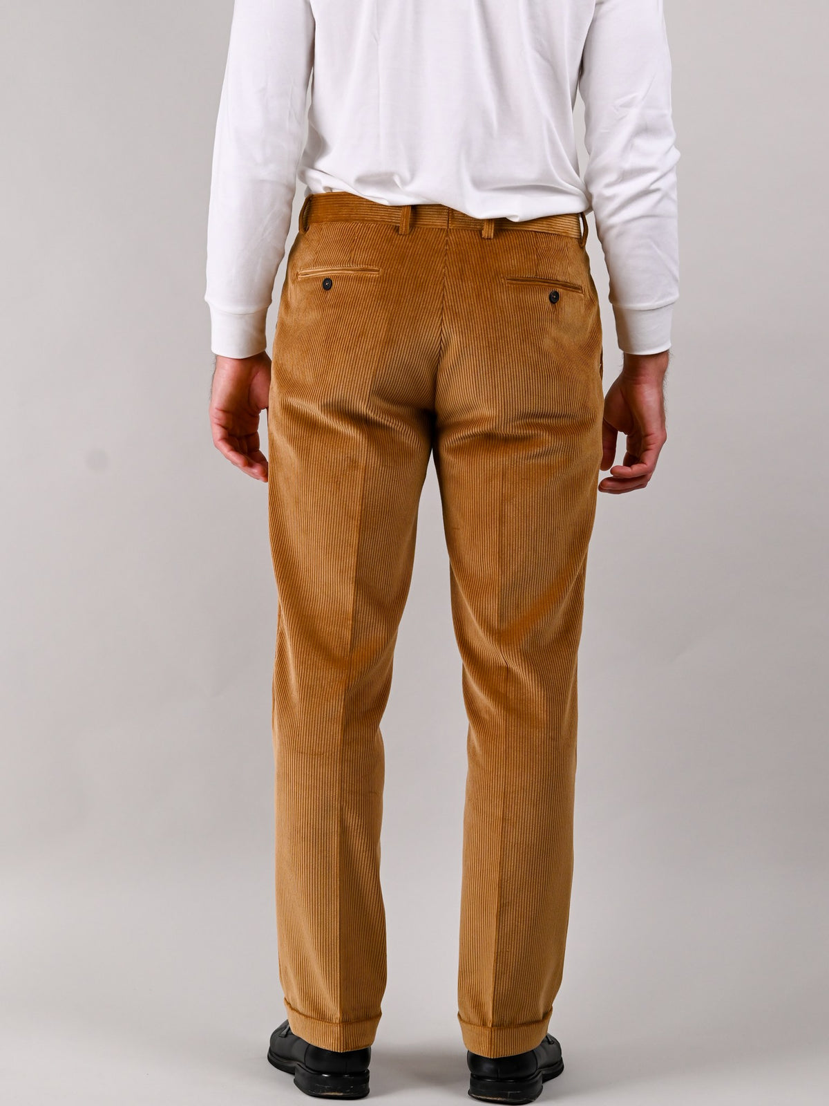 Brisbane Moss corduroy trousers in Fawn, sandy brown cotton, back view — John Crocket