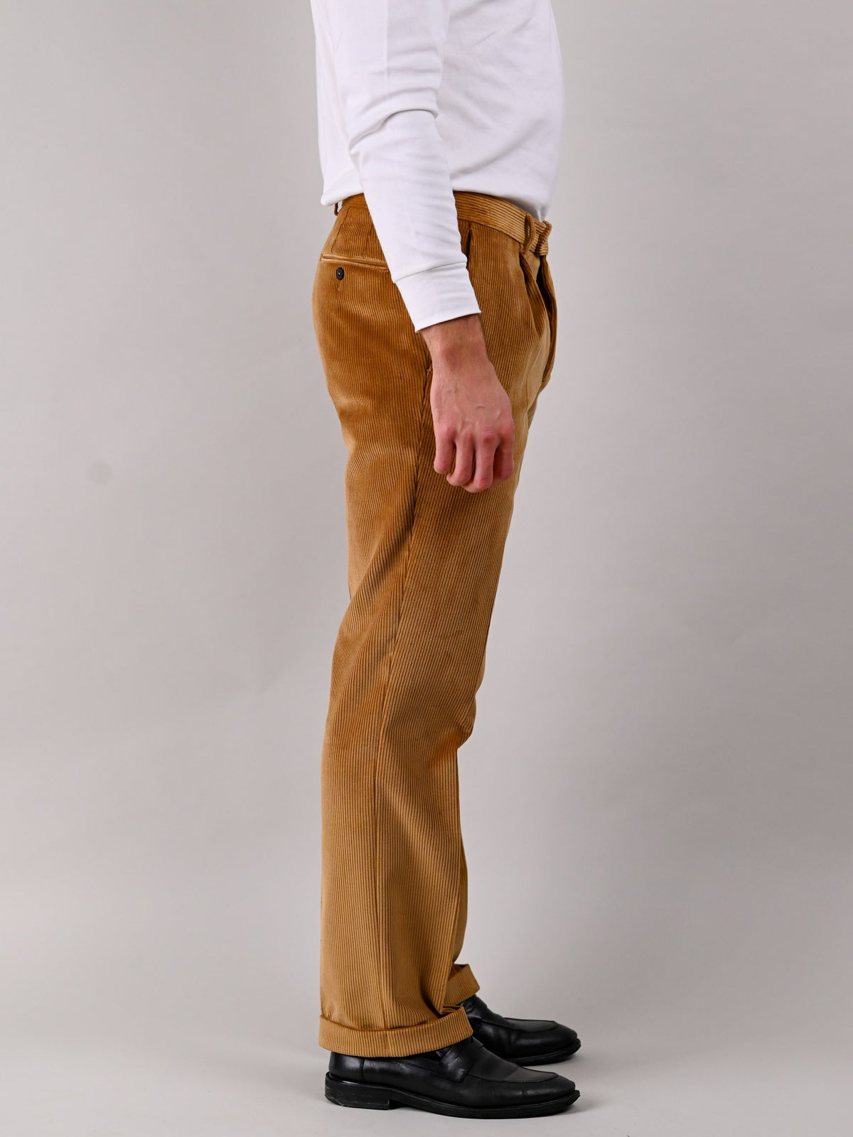 Brisbane Moss corduroy trousers in Fawn, sandy brown cotton, side view — John Crocket