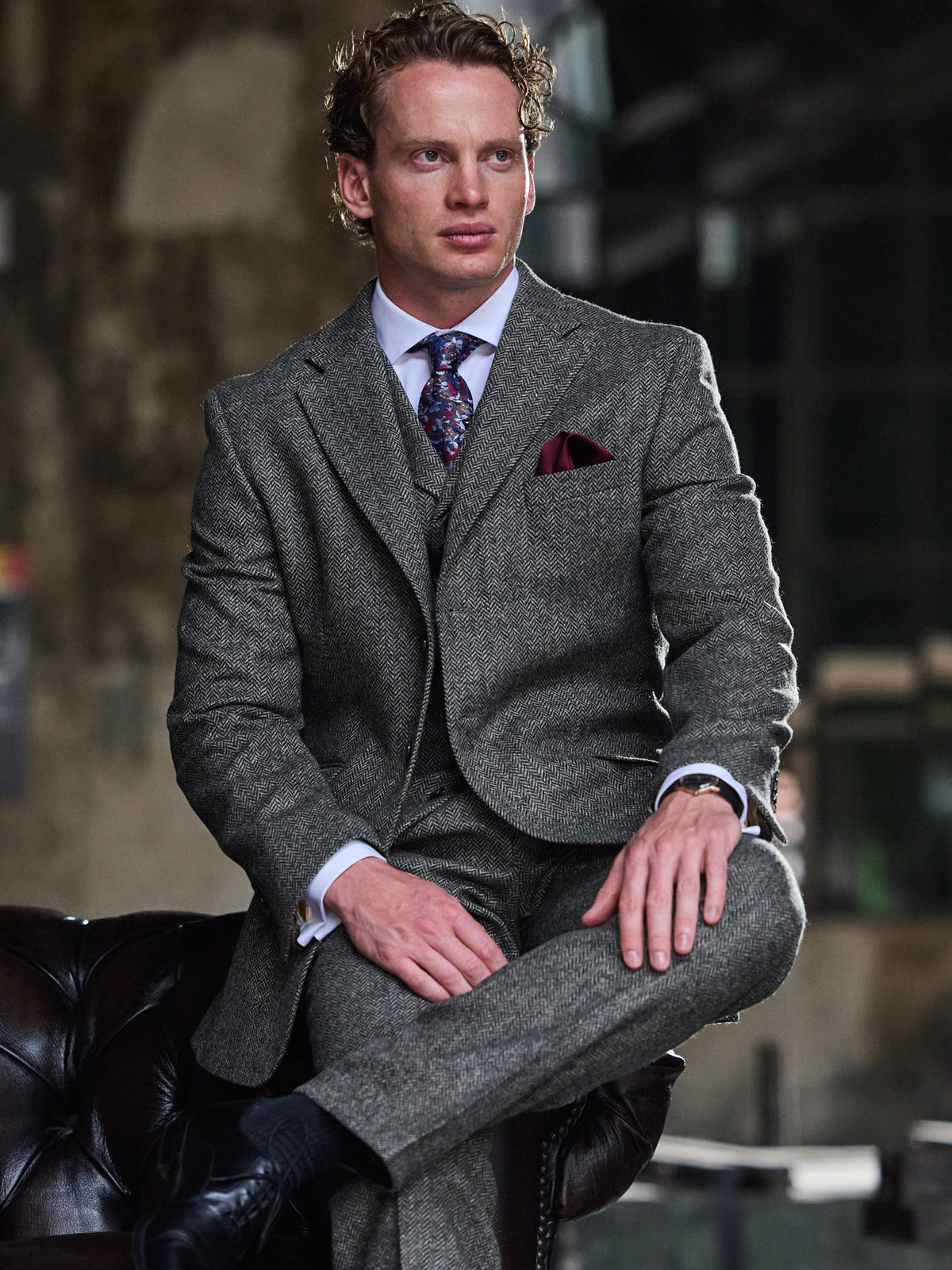 Dark Grey herringbone tweed suit in Moon Tweed, upper body with waistcoat and tie – John Crocket