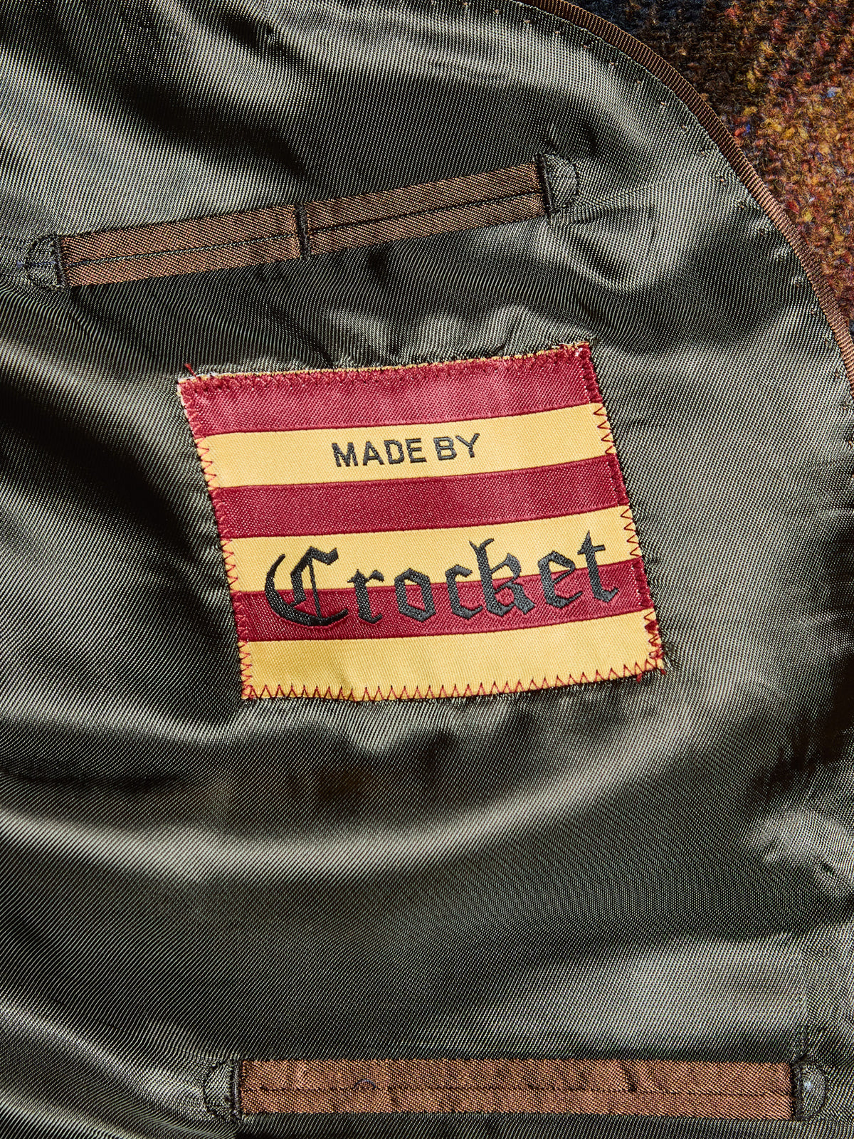 Tweed-Sakko großes Karo Magee Tweed Brown Green Innenfutter oliv mit Crocket-Etikett — John Crocket