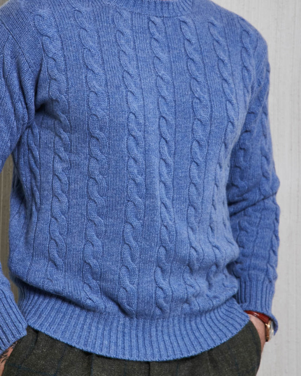 Cashmere cable-knit jumper (6-ply) in Lapis (blue), shown worn, front view – John Crocket