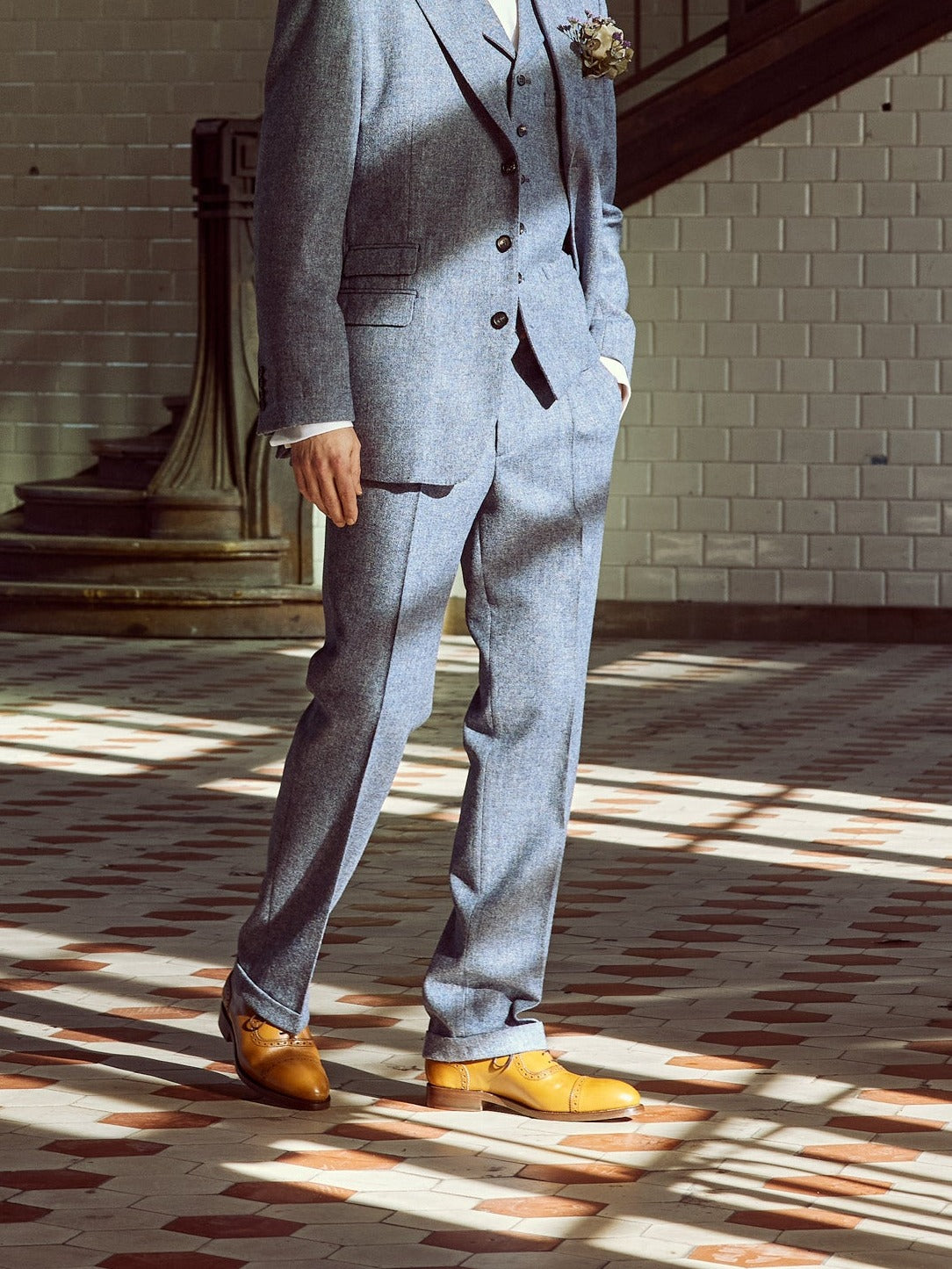 Three-piece tweed suit in light blue, melange, Moon Tweed