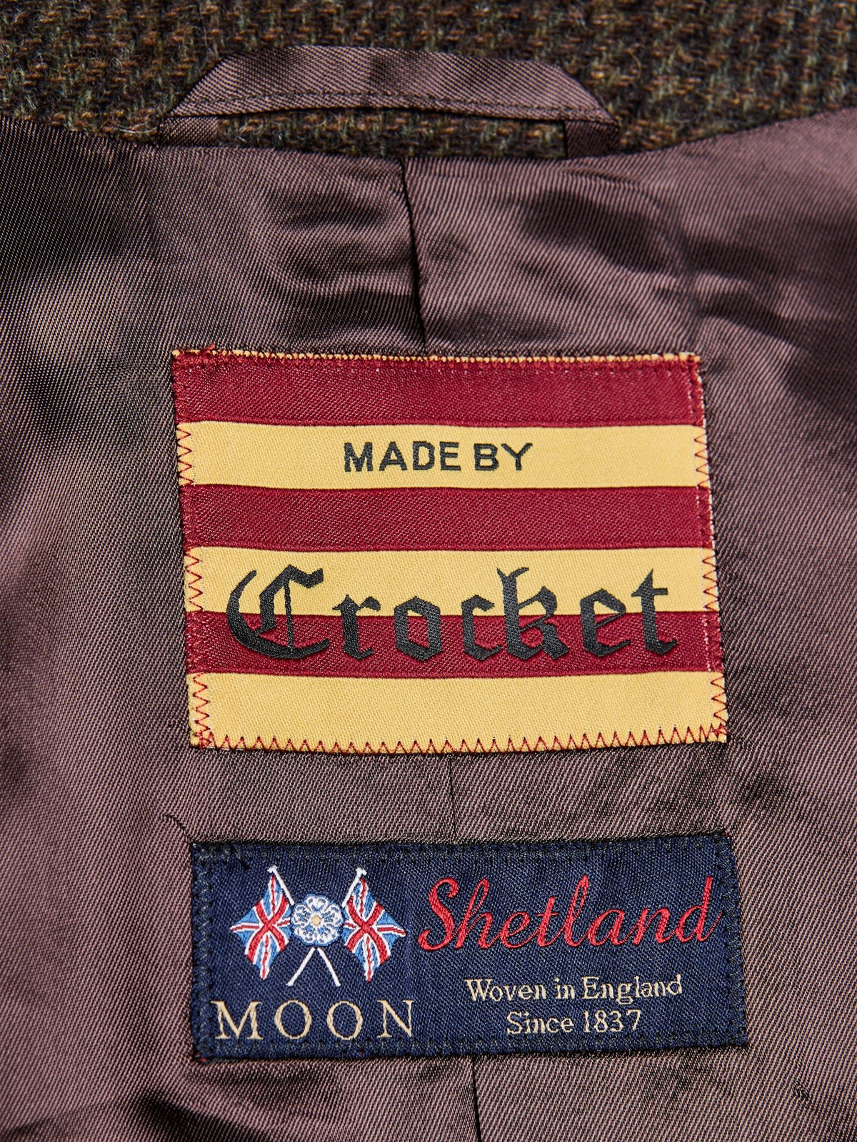 Women's blazer in Glen check, Moon Tweed, Moss Green Ebony, lining with Crocket and Moon labels – John Crocket