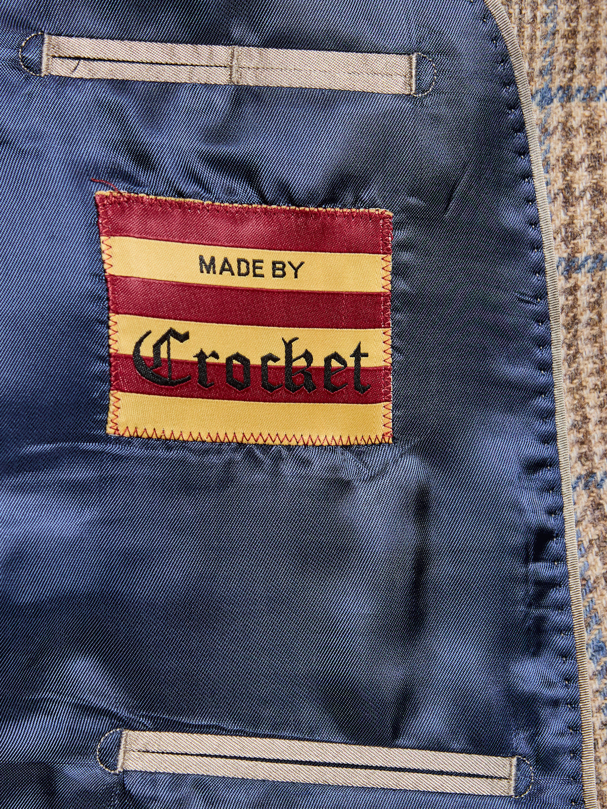 Tweed-Sakko Prince-of-Wales-Karo Magee Tweed Sand Innenfutter blau mit Crocket-Etikett — John Crocket