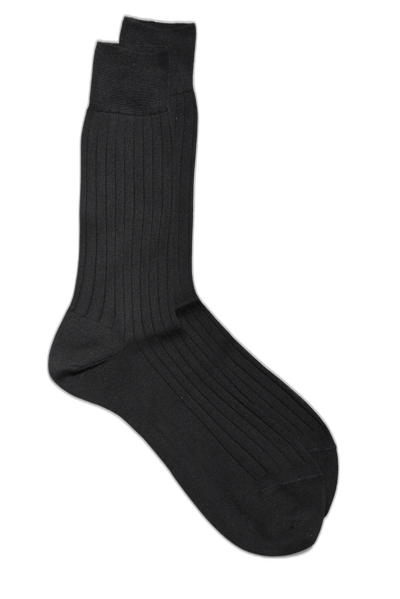 Rippstrick Socken Fil d'Écosse schwarz aufgeklappt Frontalansicht — John Crocket
