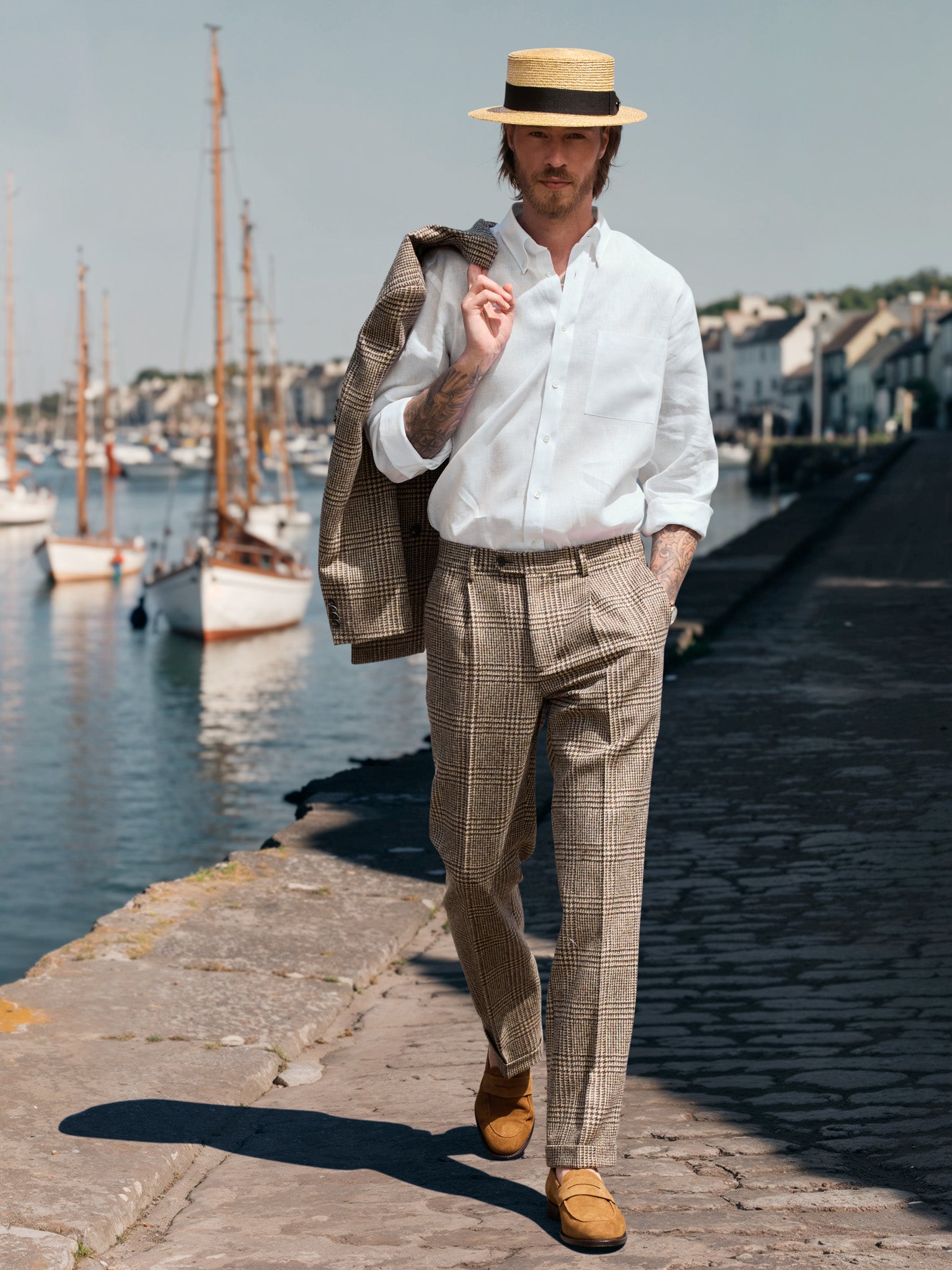 Classic double-breasted tweed suit made from Moon Tweed
