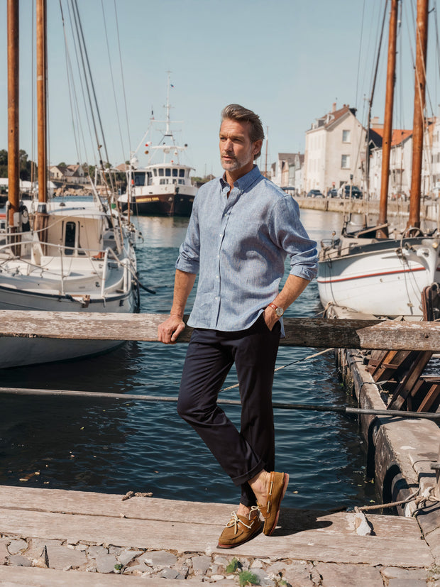 Slimline cotton trousers with stretch navy