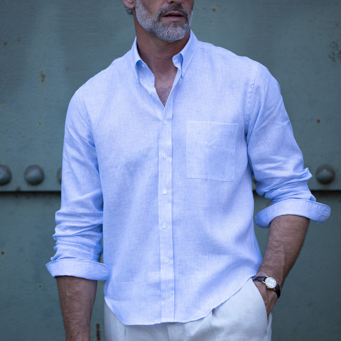 Leinenhemd Button-Down Kragen Blau-Weiß gestreift