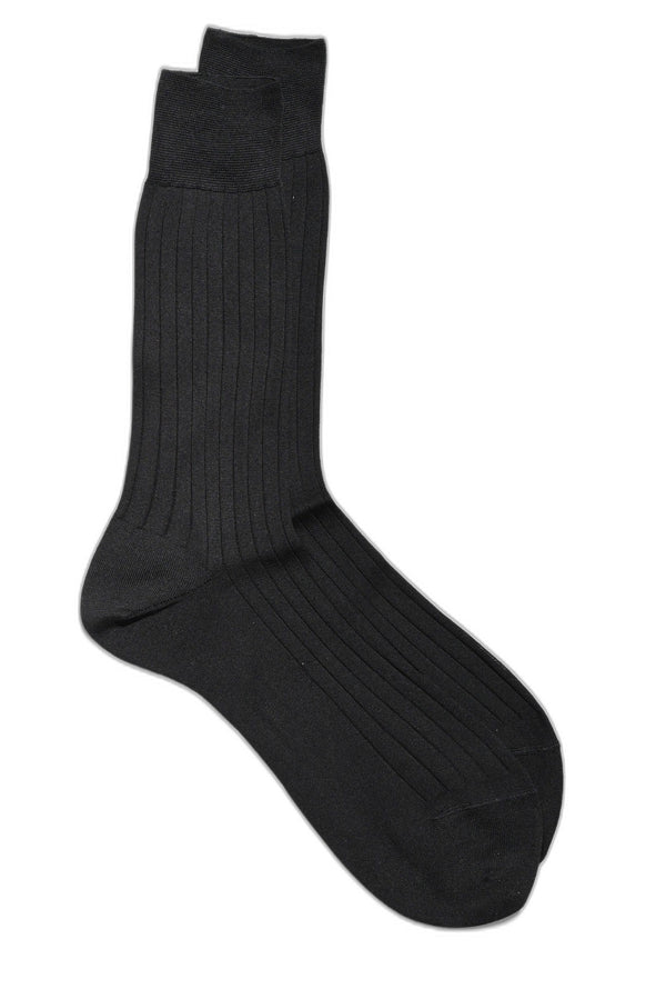 Rippstrick Socken Fil d'Écosse schwarz aufgeklappt Frontalansicht — John Crocket