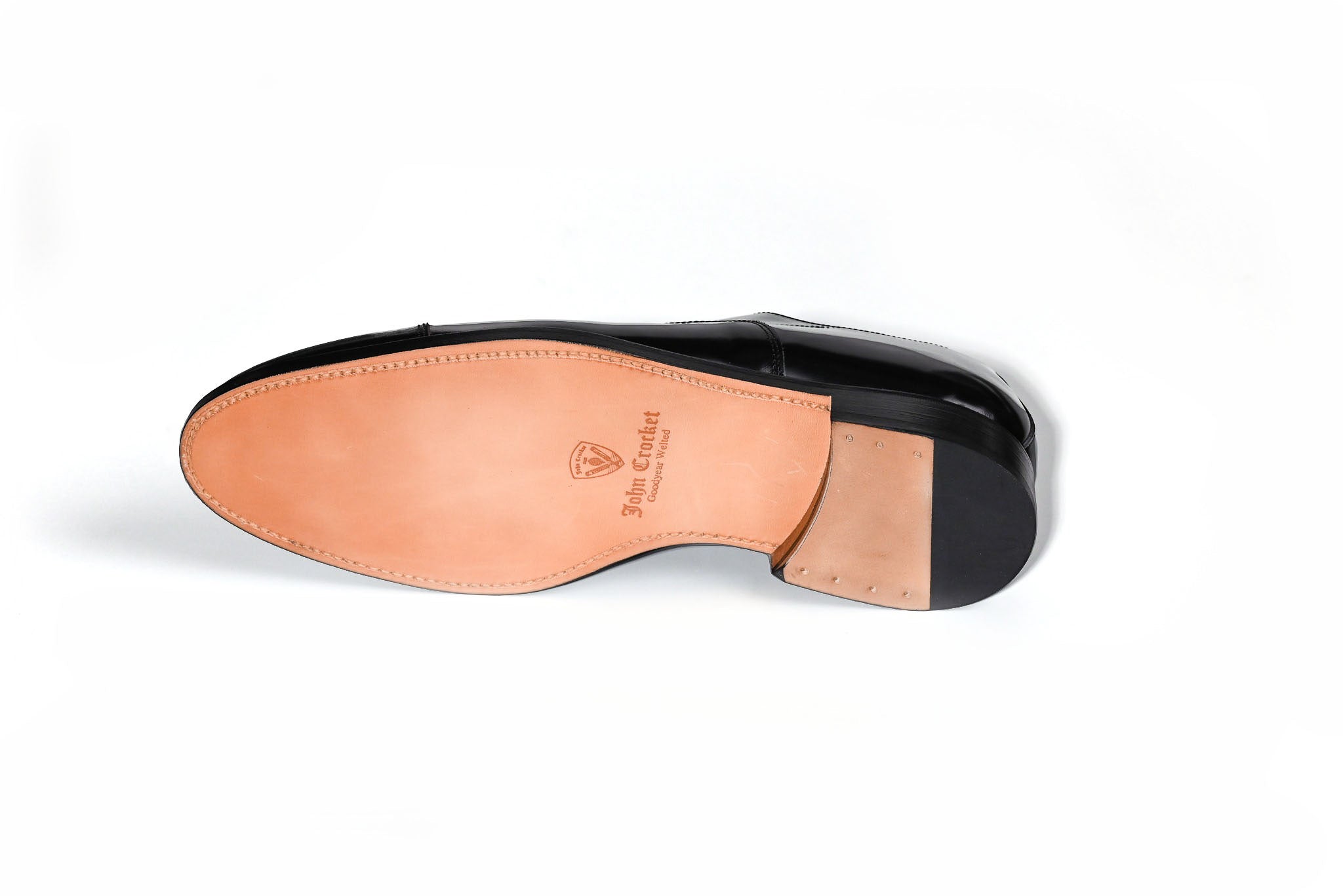 Plain Oxford Herrenschuh in Schwarz Hochglanz, Ledersohle mit John-Crocket-Prägung