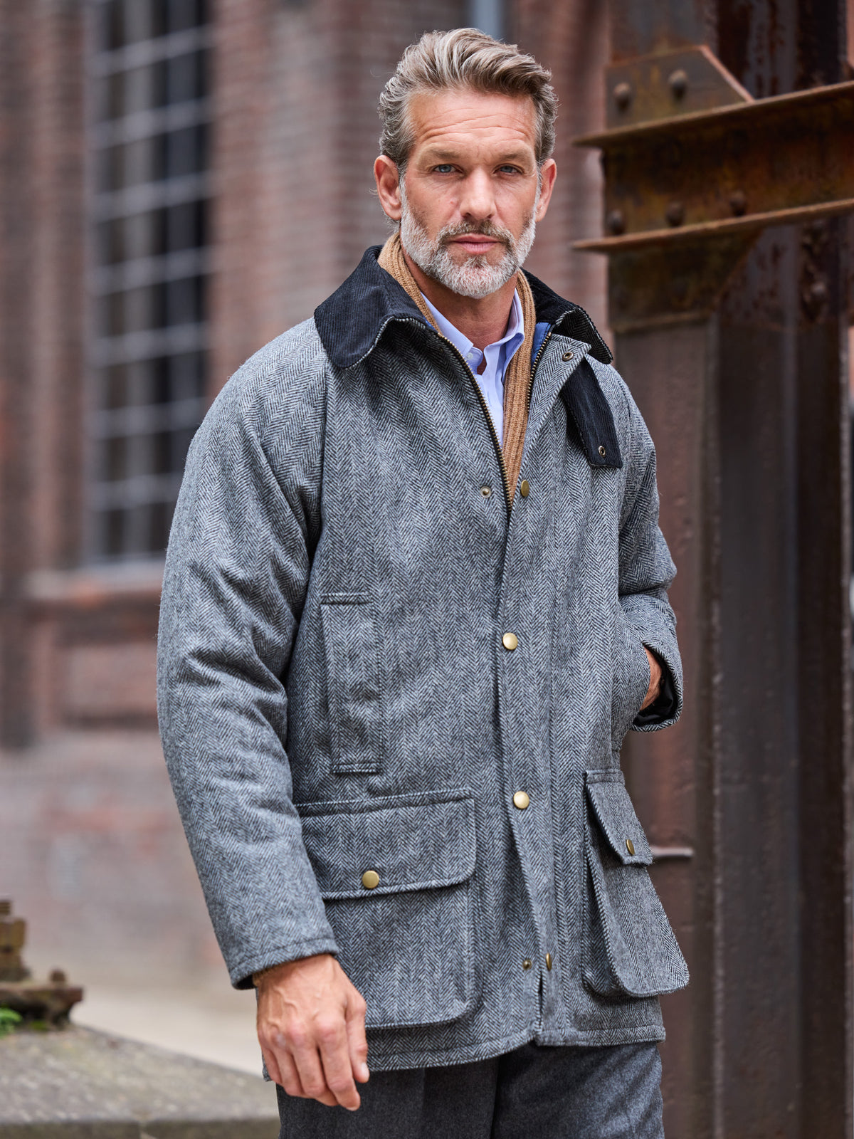 Veste outdoor Oxford à chevrons en Moon Tweed – Dark Grey
