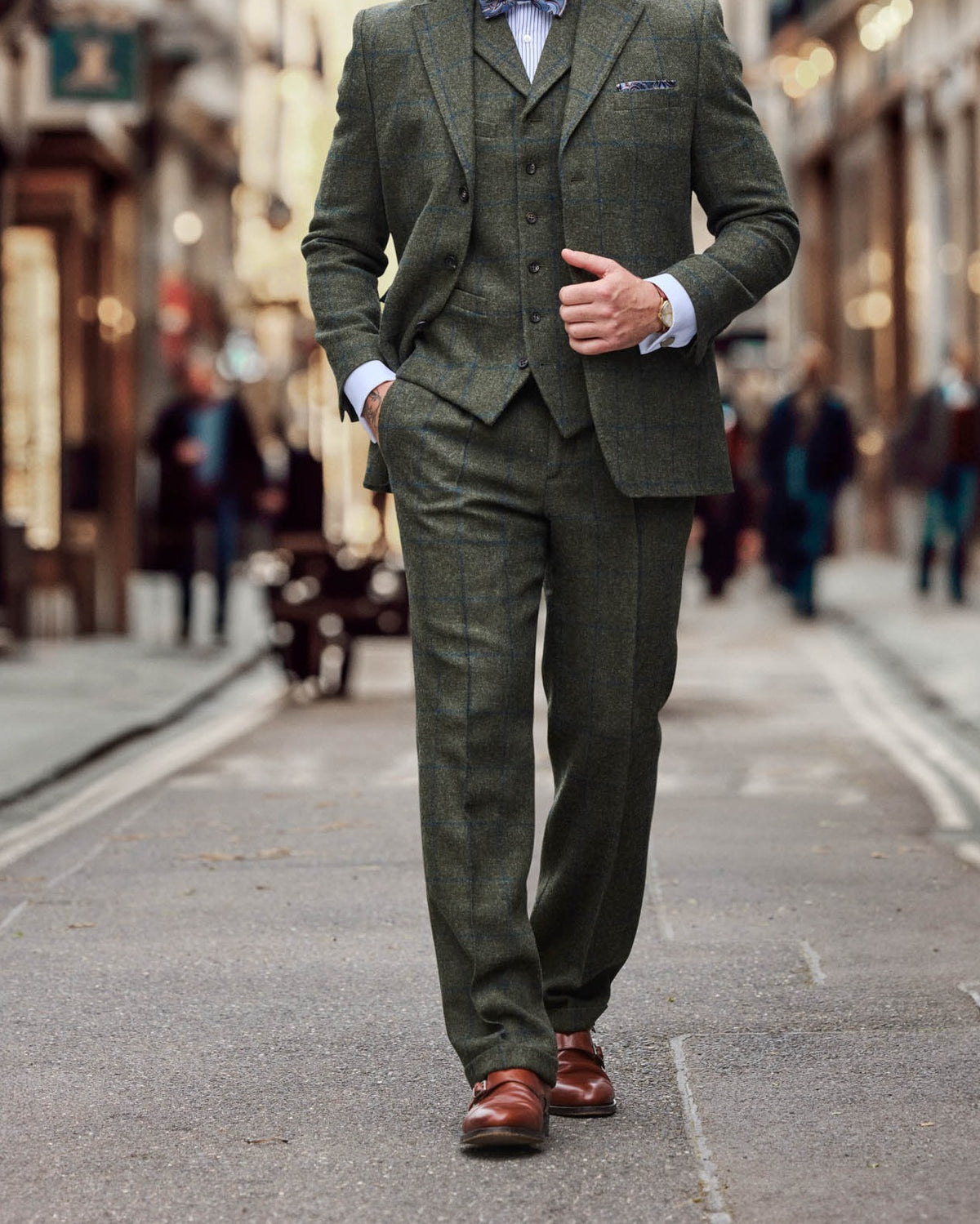 Abito in tweed tre pezzi verde scuro, mélange con overcheck blu, Lovat Tweed