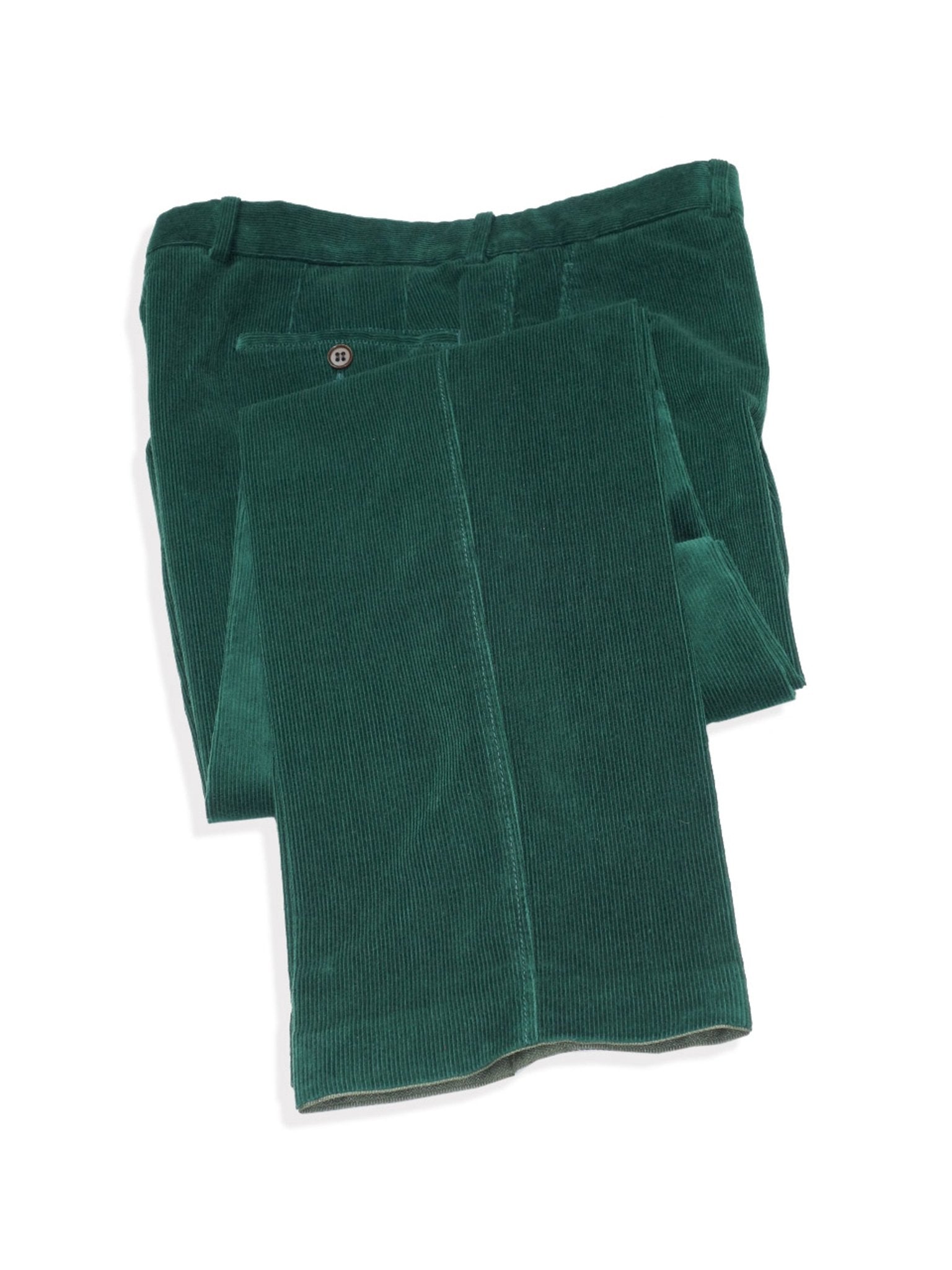 Corduroy trousers Brisbane Moss, needlecord Bottle cotton bottle green detail view — John Crocket