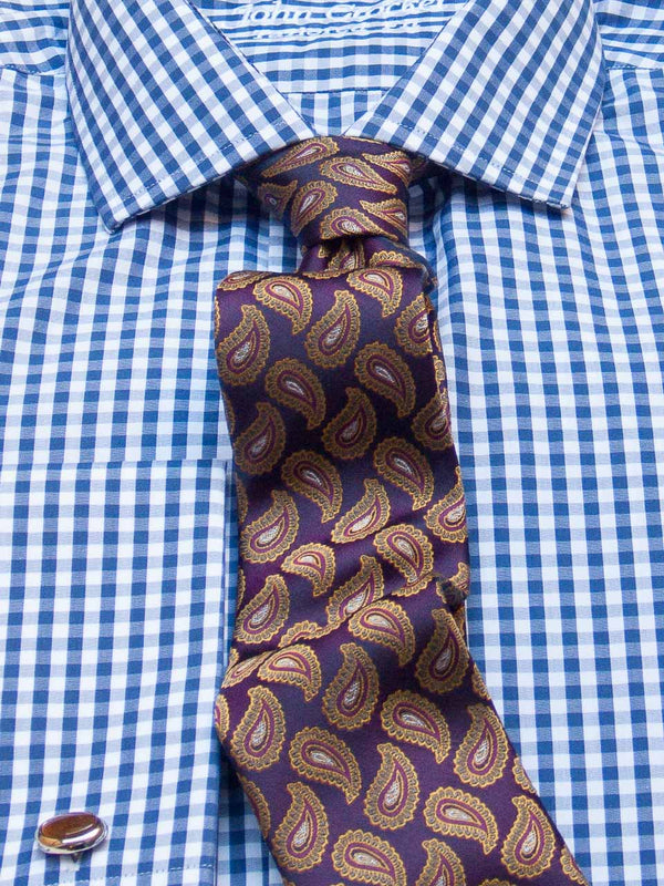 Silk tie paisley in purple/gold, detail view